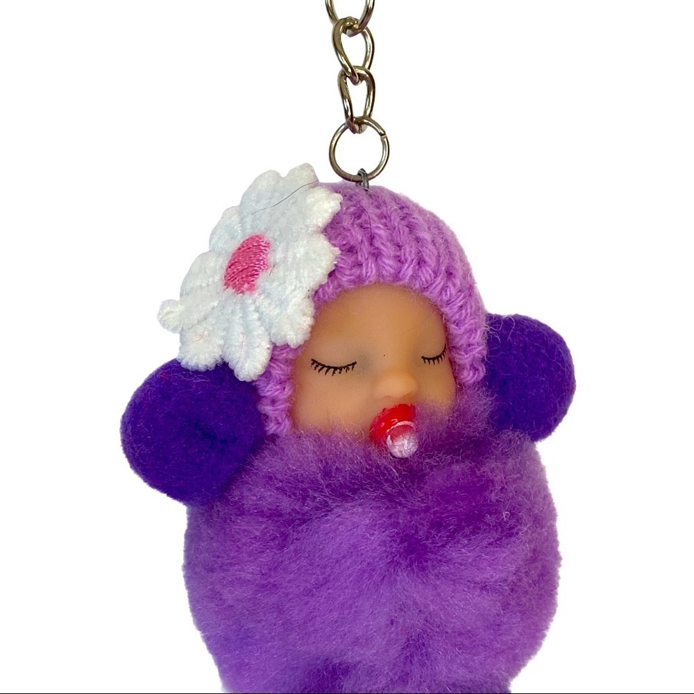 SLEEPY BABY WITH PACIFIER SMALL‎ POMPON IN PURPLE KEYCHAIN CHARM - Picture 3 of 6
